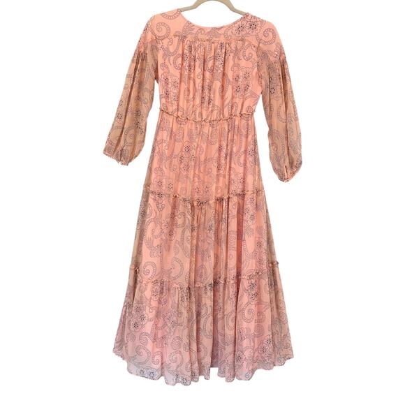 Banjanan Peach Paisley Boho Maxi Dress Sheer Tiered Lined Viscose S Cottagecore - Picture 2 of 14